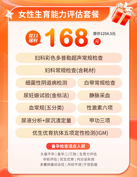 女性生育能力評估套餐：原價1578元 → 特惠價168元